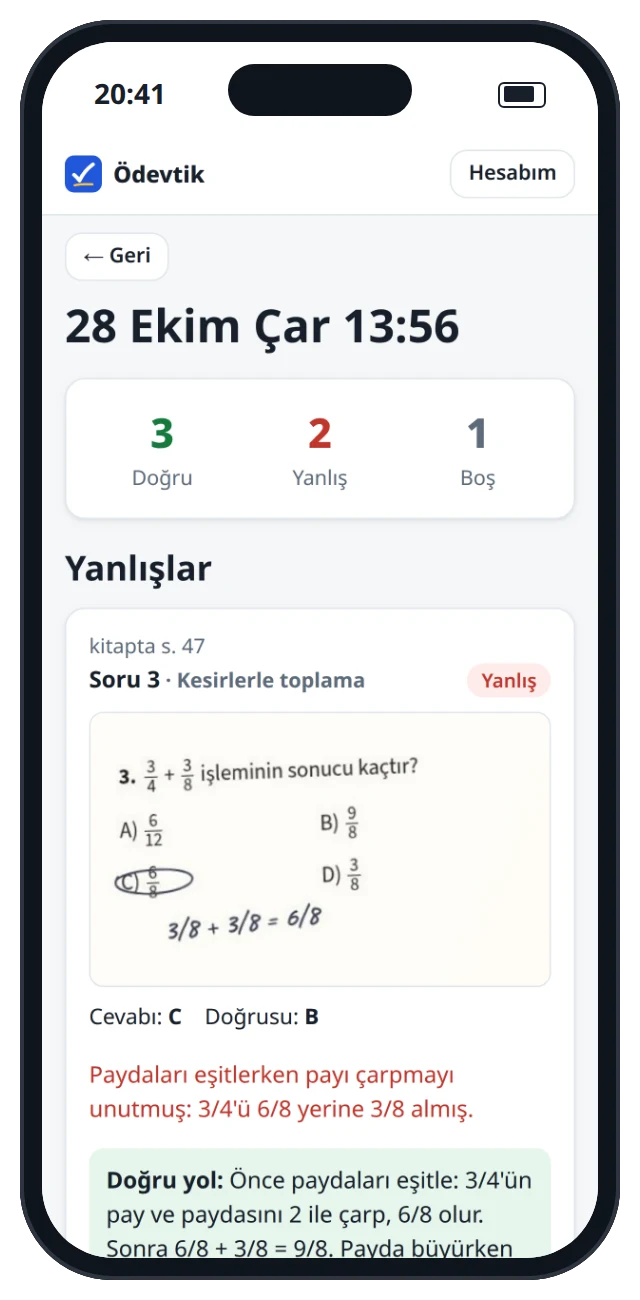 Doğru, yanlış ve boş sayılarını ve yanlış sorunun açıklamasını gösteren sonuç ekranı