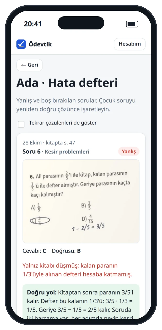 Yanlış soruların biriktiği hata defteri ekranı